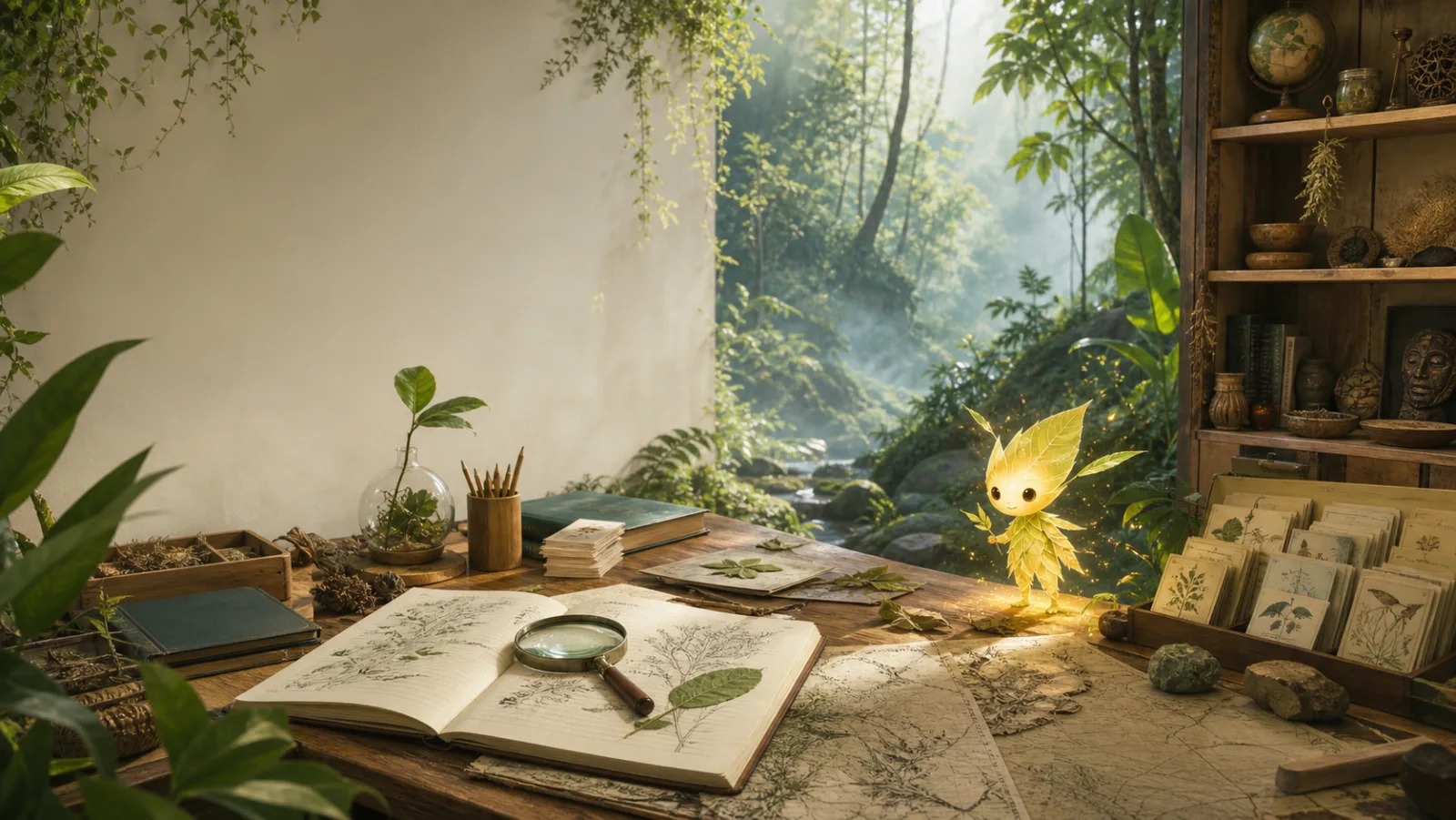 阳光穿过森林照进自然观察室，桌上放着植物笔记、地图和放大镜